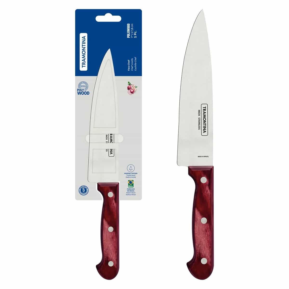 Cuchillo chef Tramontina Polywood de acero inoxidable 7 pulgadas rojo