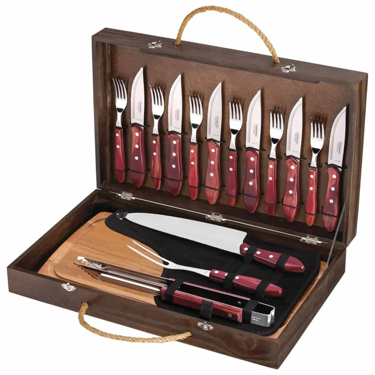 Kit para asado Jumbo rojo con tabla y estuche Tramontina Polywood 17 piezas