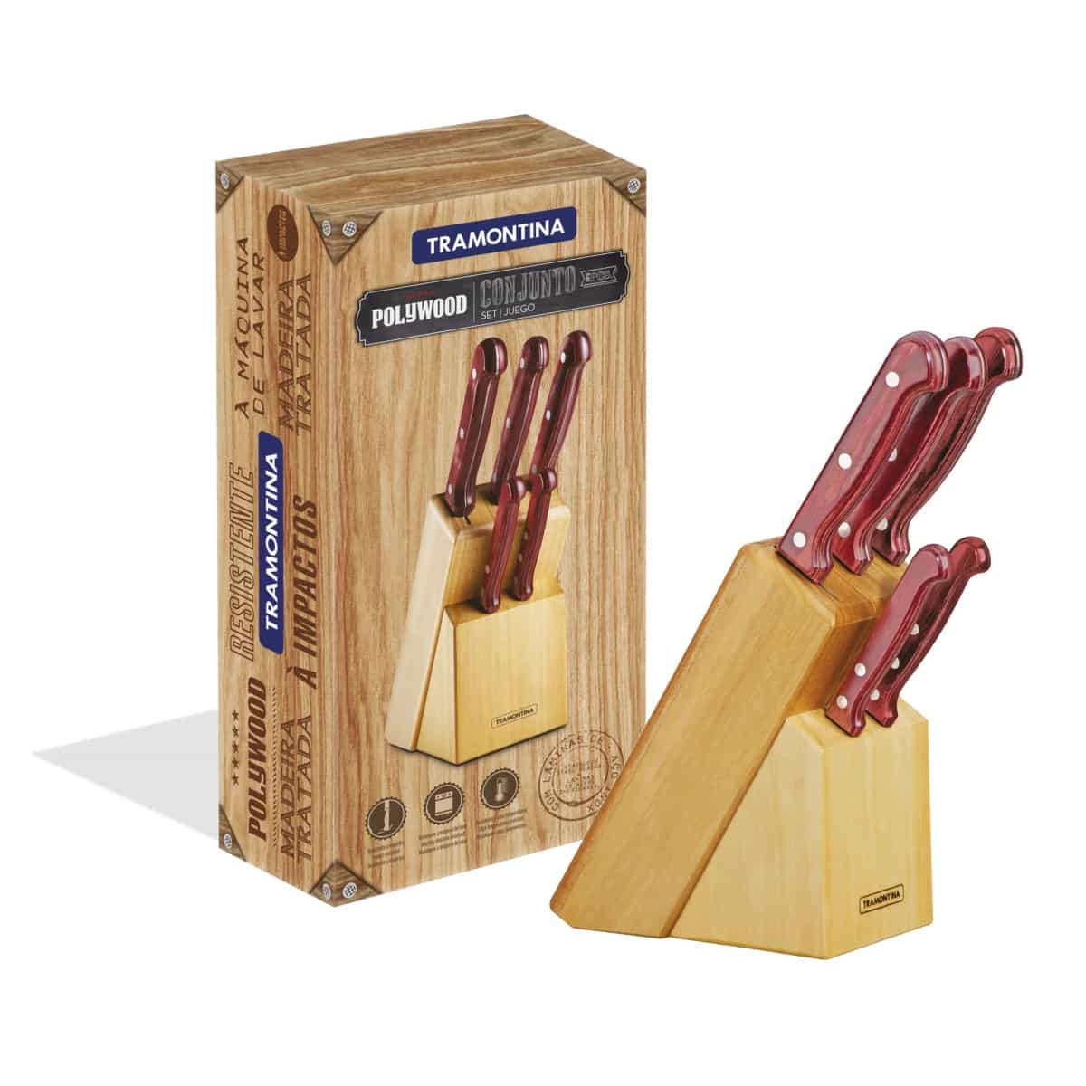 Juego de cuchillos con taco de madera rojo Tramontina Polywood 6 piezas