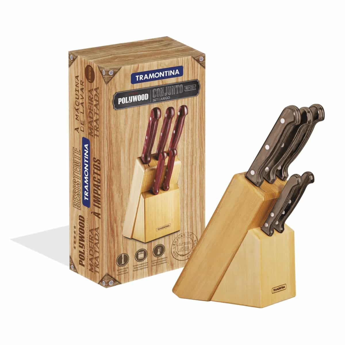 Juego de cuchillos con taco de madera marrón Tramontina Polywood 6 piezas