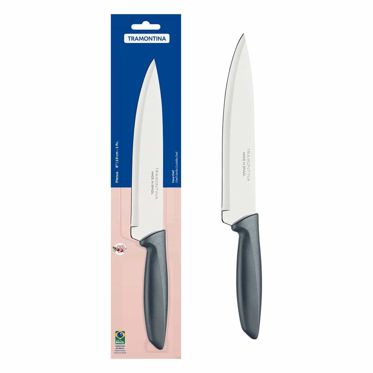 Cuchillo chef Tramontina Plenus de acero inoxidable 8 pulgadas con mango gris