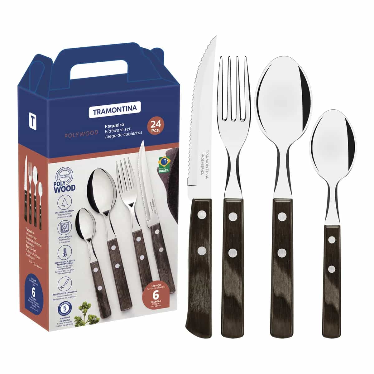 Juego De Cubiertos Tramontina Polywood 24 Piezas Acero Inox