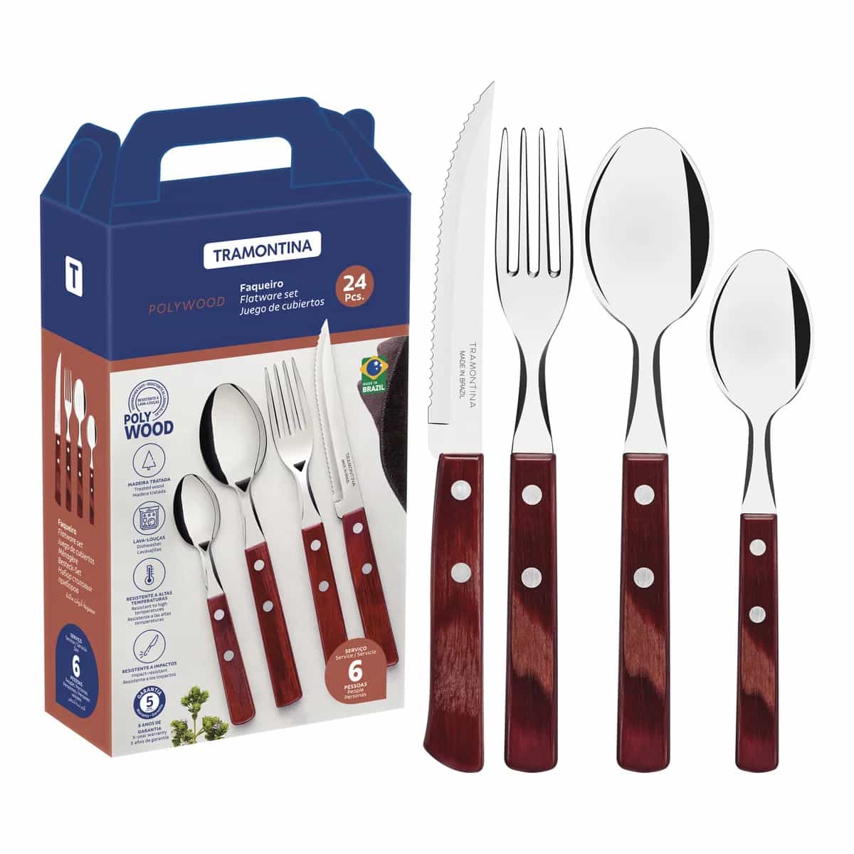Juego De Cubiertos Tramontina Polywood 24 Piezas Acero Inox
