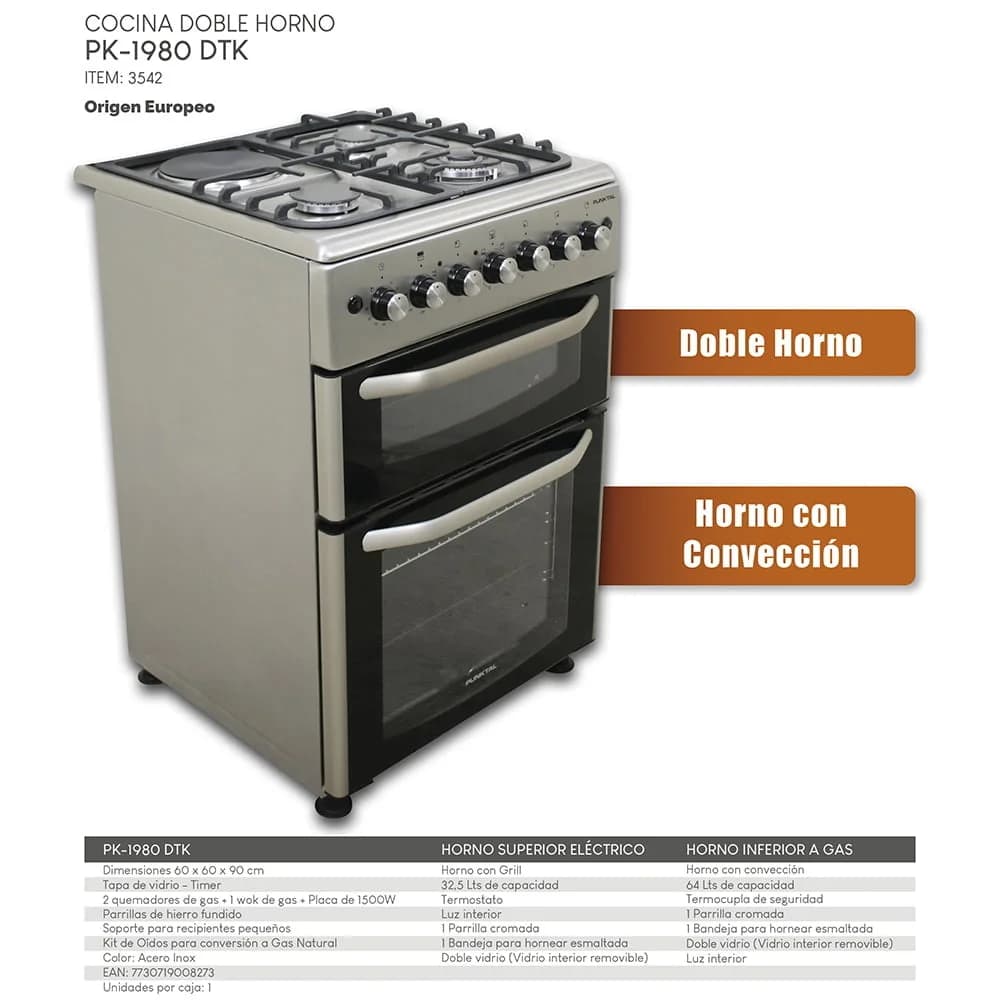 Cocina Punktal Doble Horno Pk-1980 Dtk Electrico Gas Timer — imagen 3 de 3