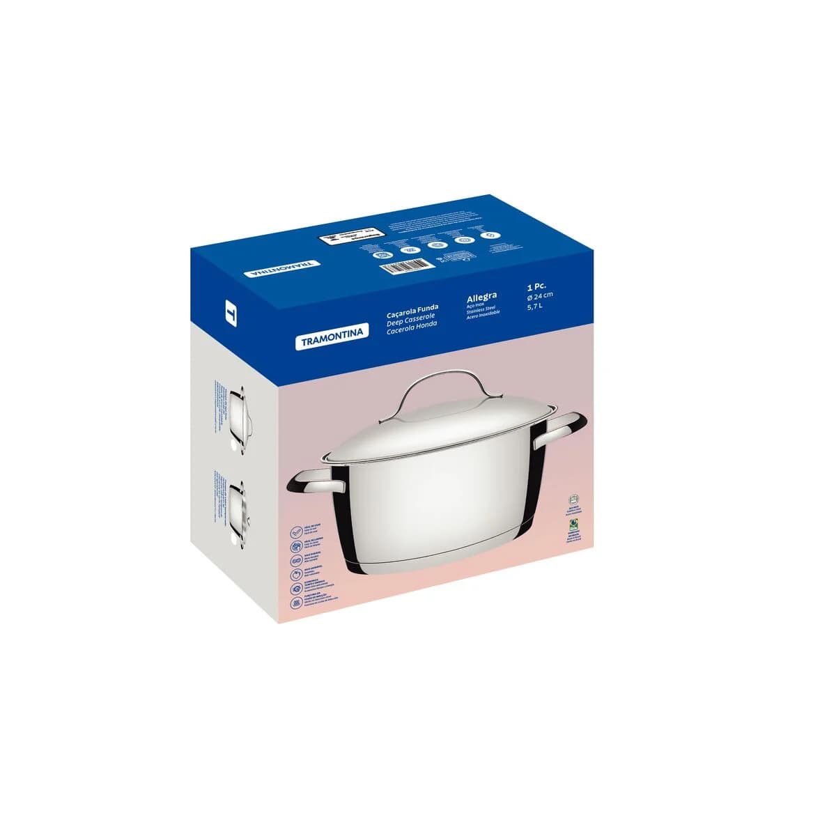 Cacerola profunda con tapa de acero inoxidable Tramontina Allegra triple fondo para inducción 24 cm 5.7 L — imagen 2 de 4