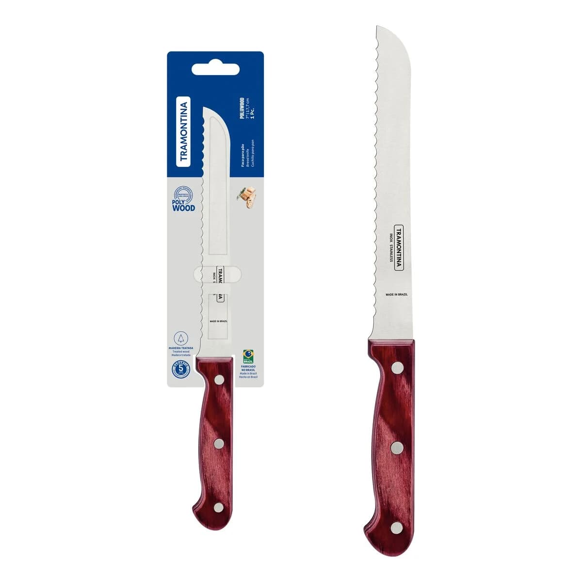 Cuchillo para pan Tramontina Polywood de acero inoxidable 7 pulgadas rojo — imagen 2 de 4