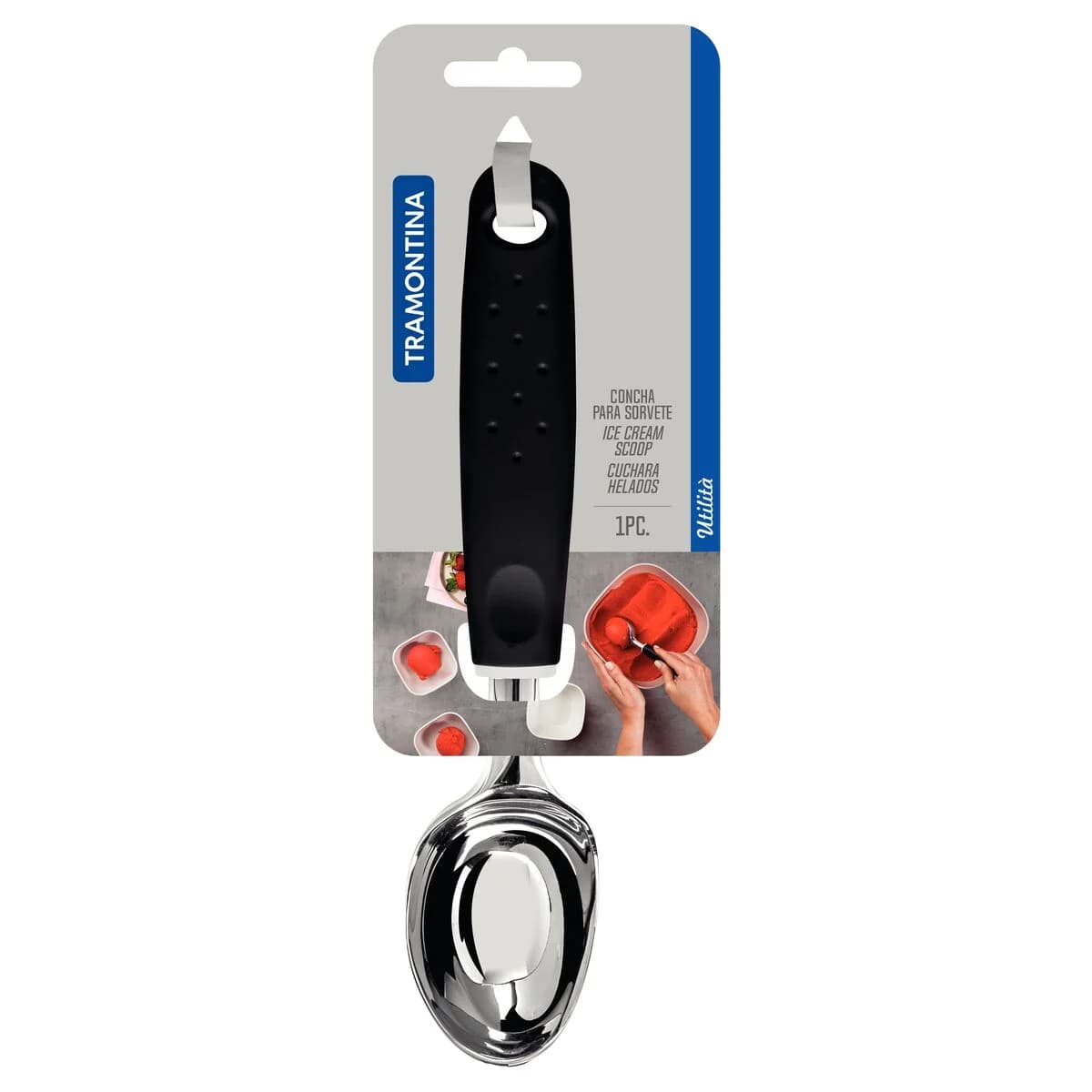 Cuchara para helado Tramontina Utilità de zamak cromado 21.1 cm con mango negro — imagen 2 de 3