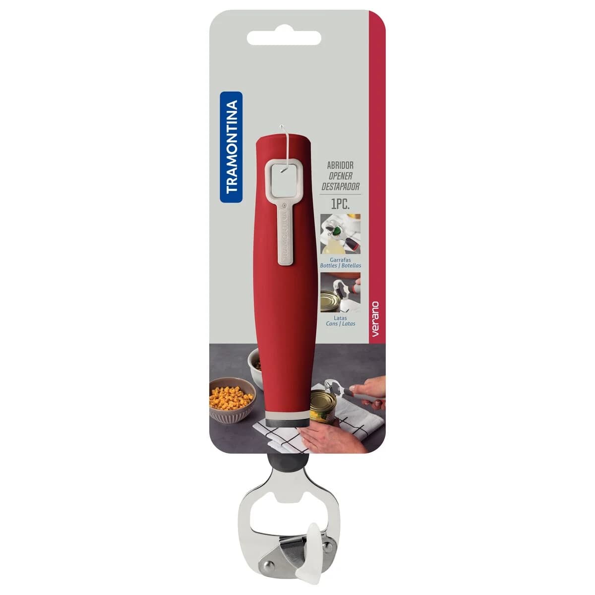 Abrelatas de acero inoxidable Tramontina Verano con mango rojo 20 cm — imagen 2 de 2