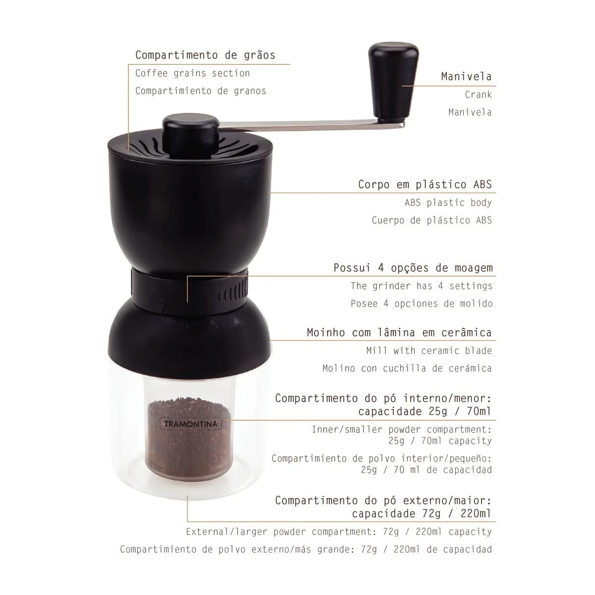 Molinillo manual para café de ABS y cerámica Tramontina Chá e Café 4 ajustes — imagen 3 de 8