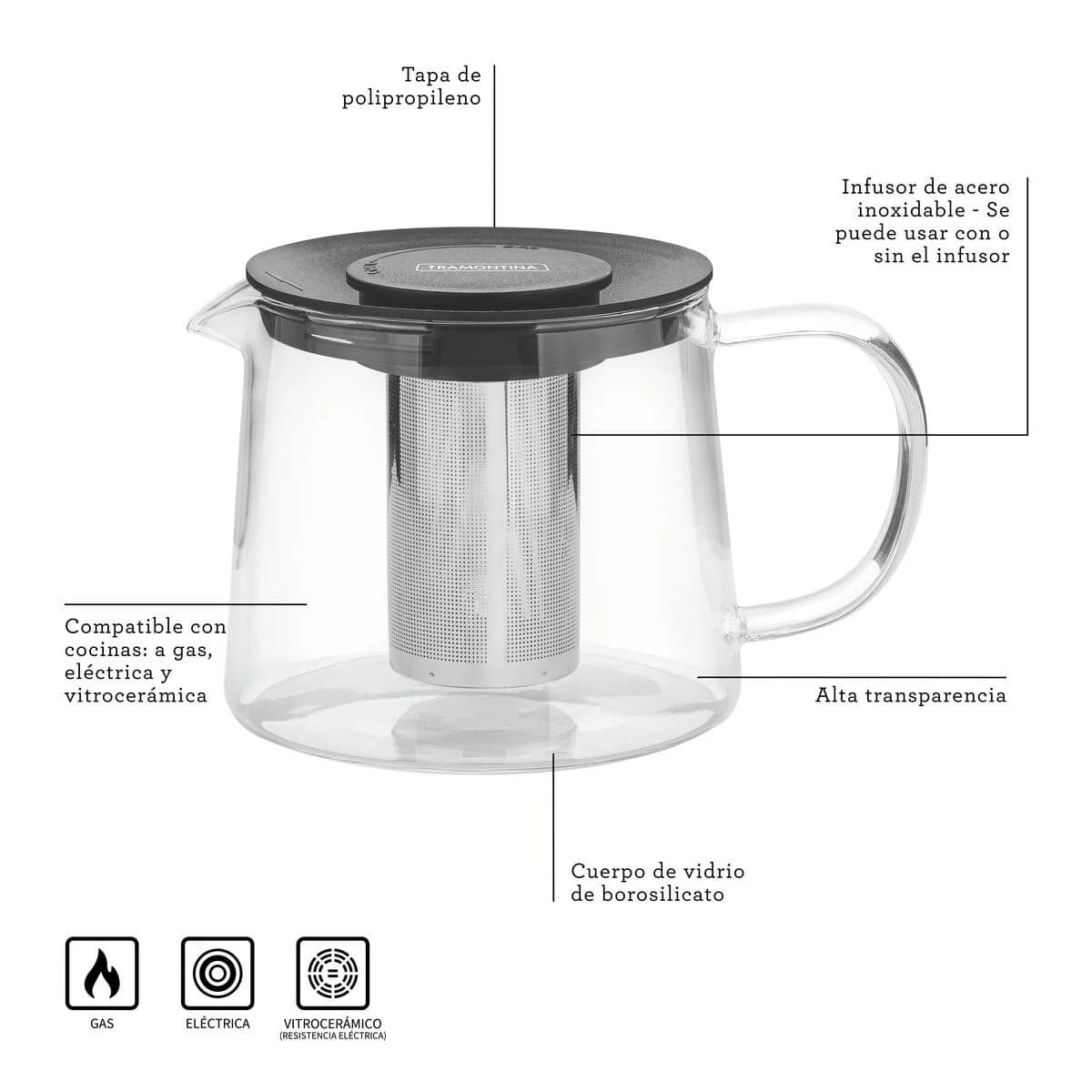 Tetera Vidrio Acero Inoxidable Infusor de 900 ml Tramontina — imagen 4 de 7