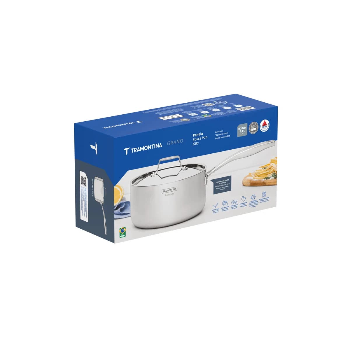 Olla Tramontina Grano Triple Fondo 20 cm 3,1 L Acero Inoxidable 18/10 con Tapa — Apta Inducción — imagen 2 de 6