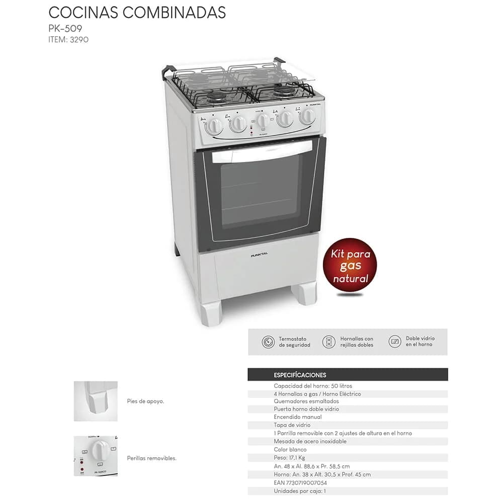 Cocina Punktal Pk-509 4 Hornallas Electrico Combinada 50 Lts — imagen 2 de 2