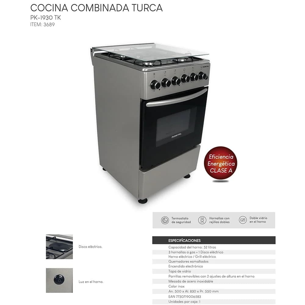 Cocina Punktal Turca Pk-1930tk Gas 4 Hornallas Inox 52l — imagen 6 de 6
