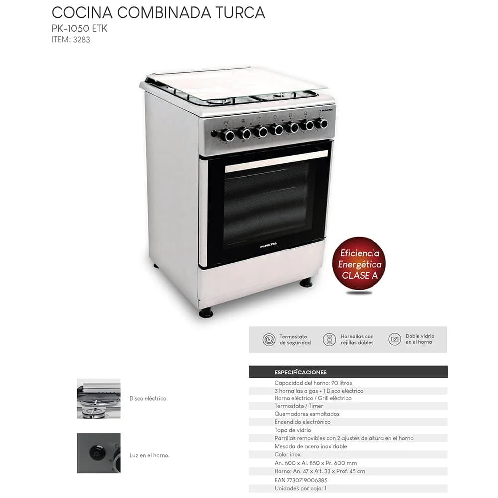 Cocina Punktal Turca Pk-1050 Etk4 Gas Hornallas Inox 70l — imagen 3 de 3