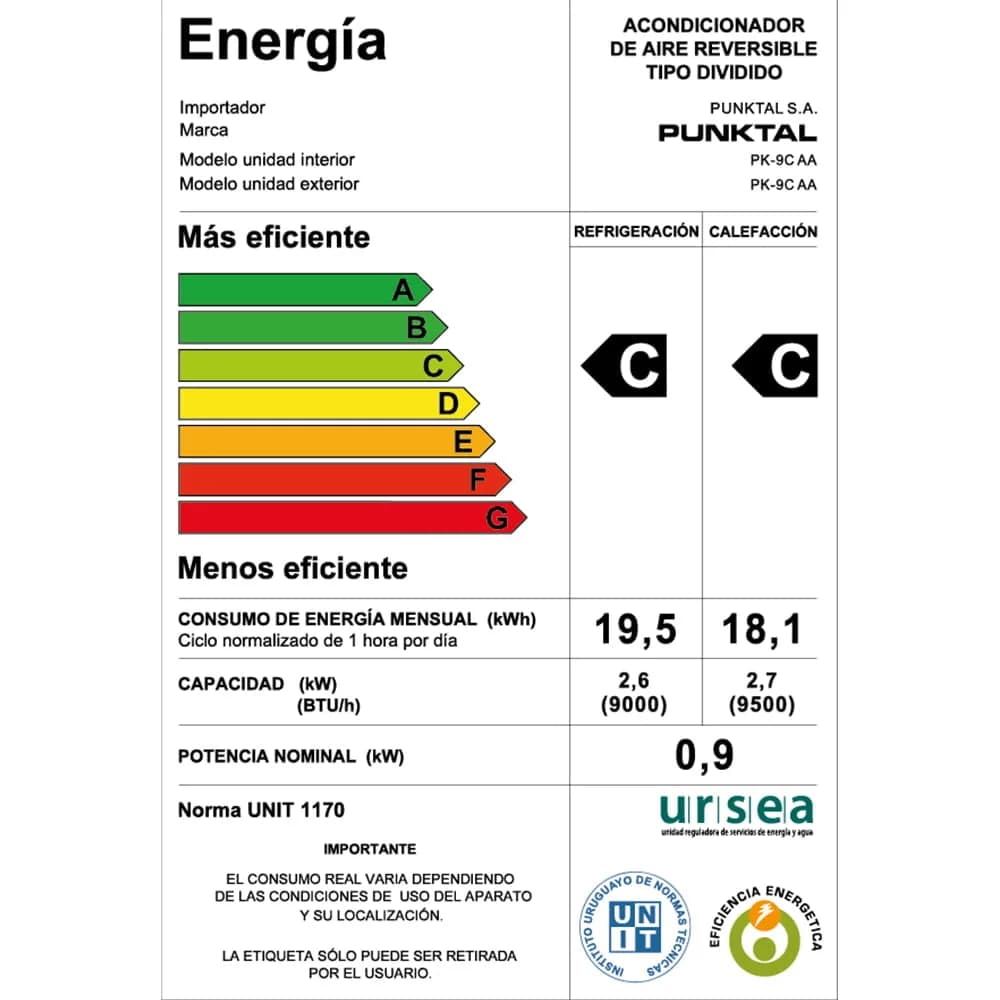 Aire Acondicionado Punktal 9000 Btu Eficiencia C — imagen 2 de 2