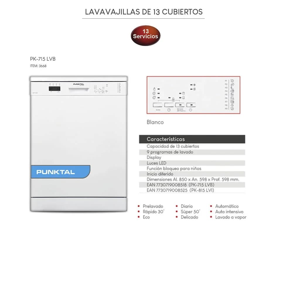 Lavavajilla Punktal 13 Servicios 9 Programas Control Digital — imagen 2 de 2