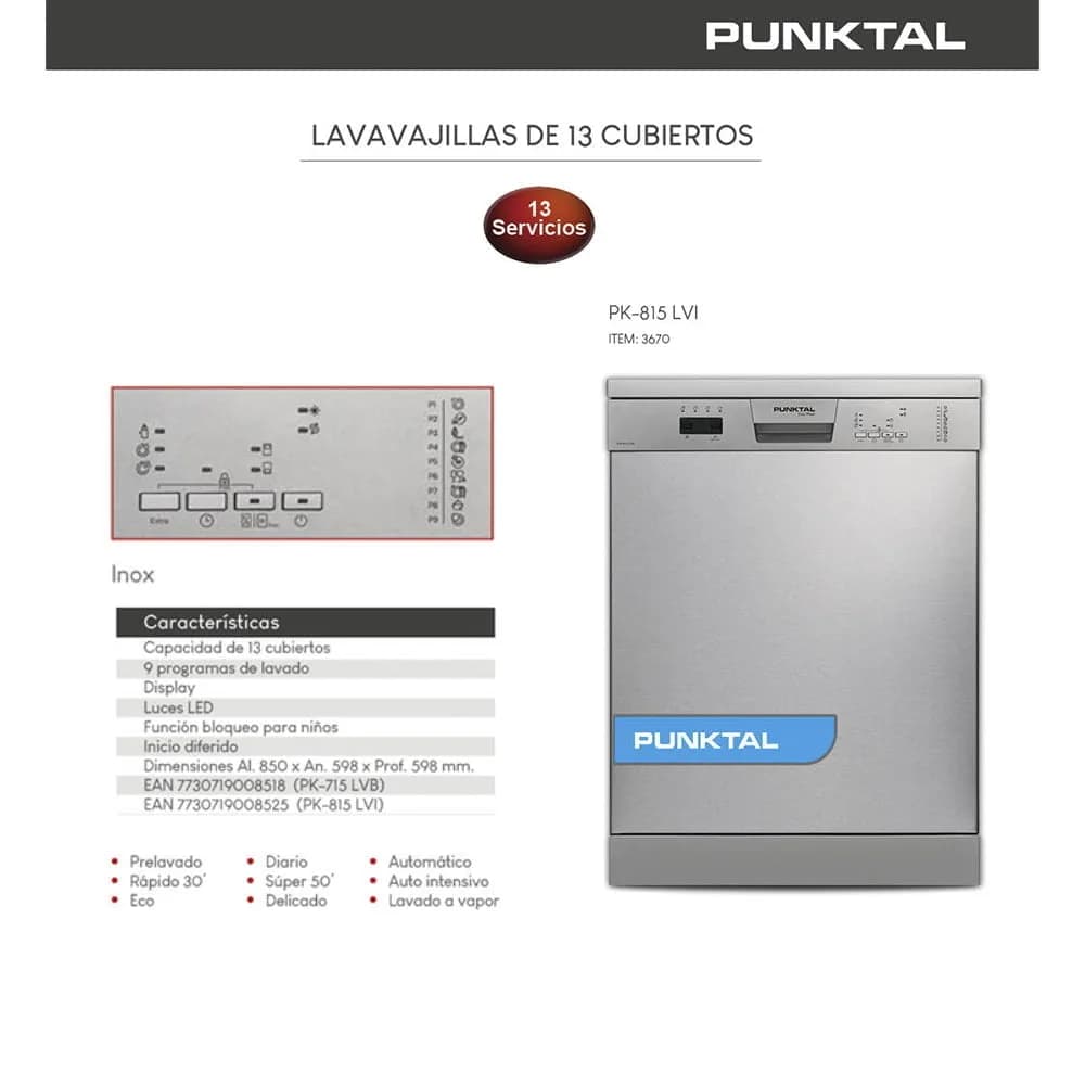 Lavavajilla Punktal 13 Servicios 10 Programas Control Digital — imagen 2 de 2