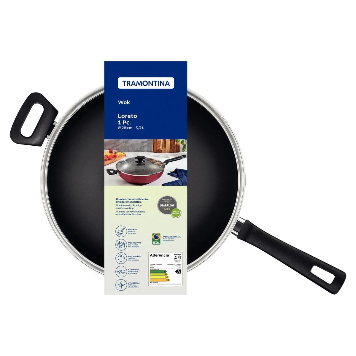 Wok Tramontina Teflon Antiadherente Loreto 28 Cm Con Tapa — imagen 2 de 3