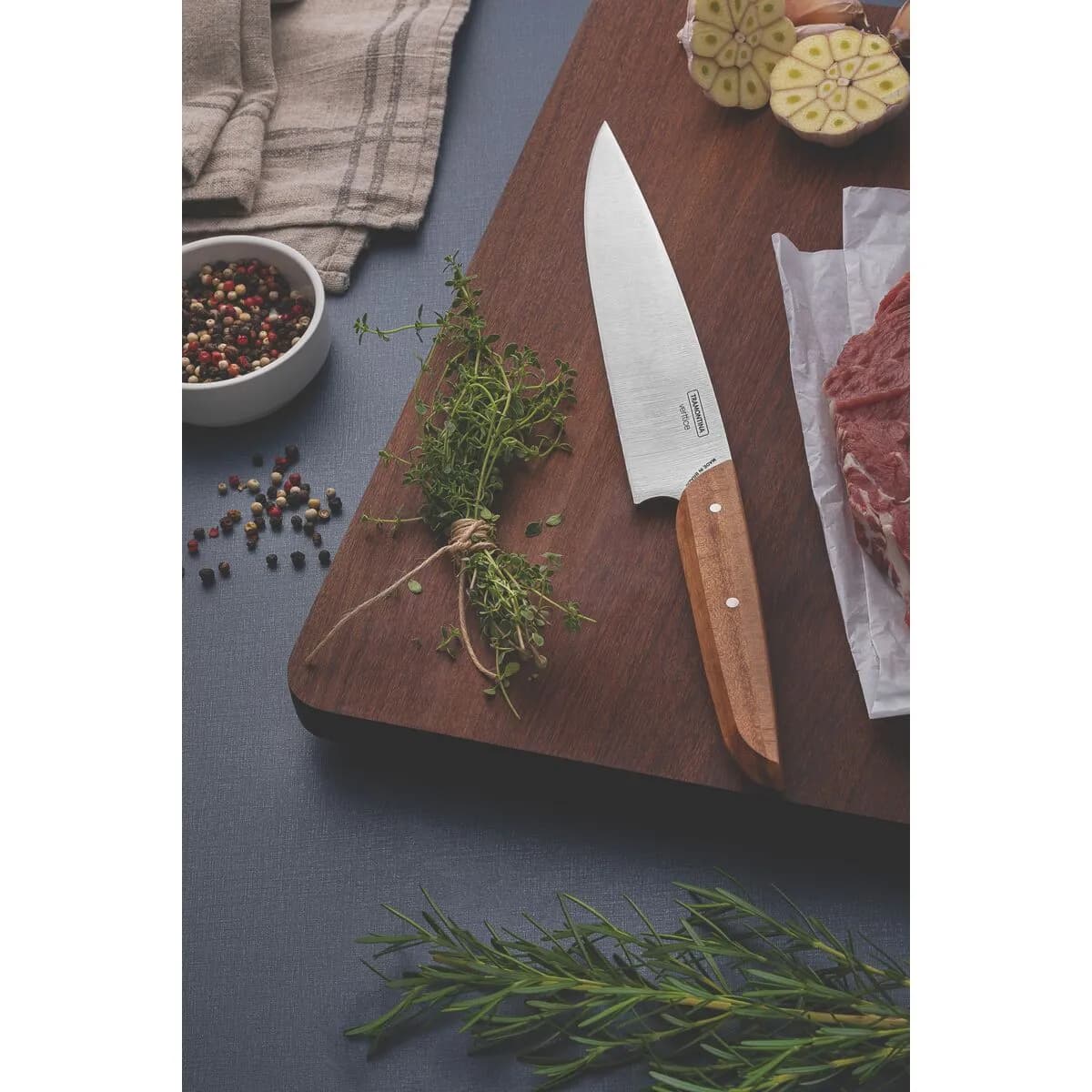 Cuchillo de cocina Utility de acero inoxidable Tramontina Verttice 8 pulgadas con mango de madera — imagen 2 de 2