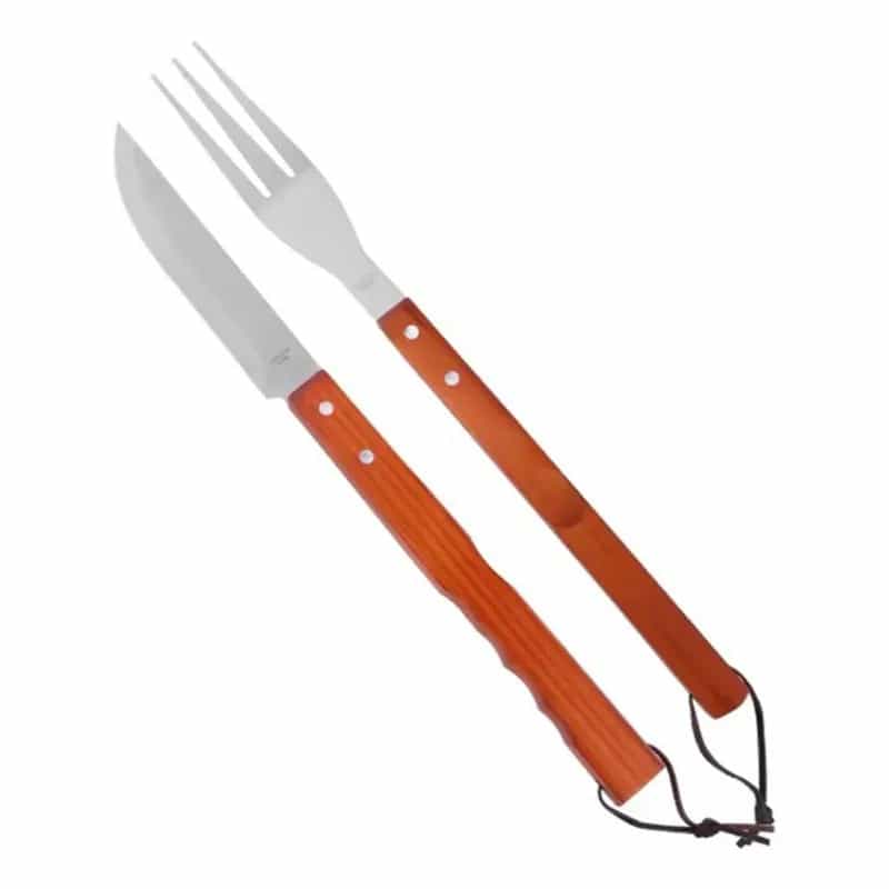 Set Cuchillo Y Tenedor Largos Para Asado 41 Cm Mango Madera