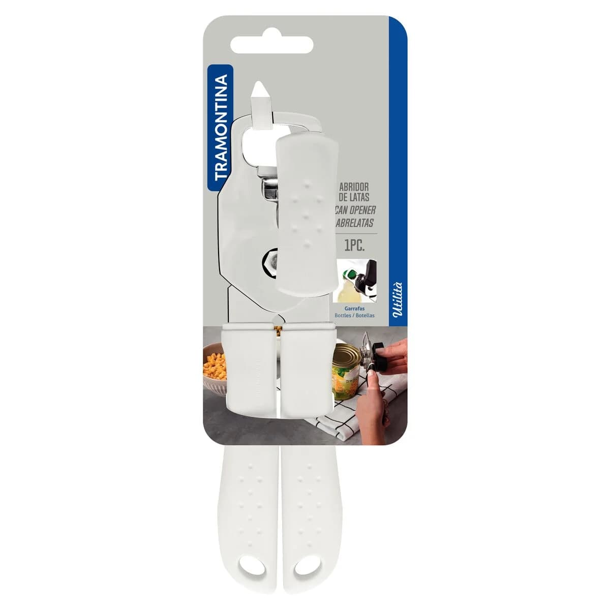 Abrelatas Tramontina Utilità de acero inoxidable 20 cm con mango blanco — imagen 2 de 3