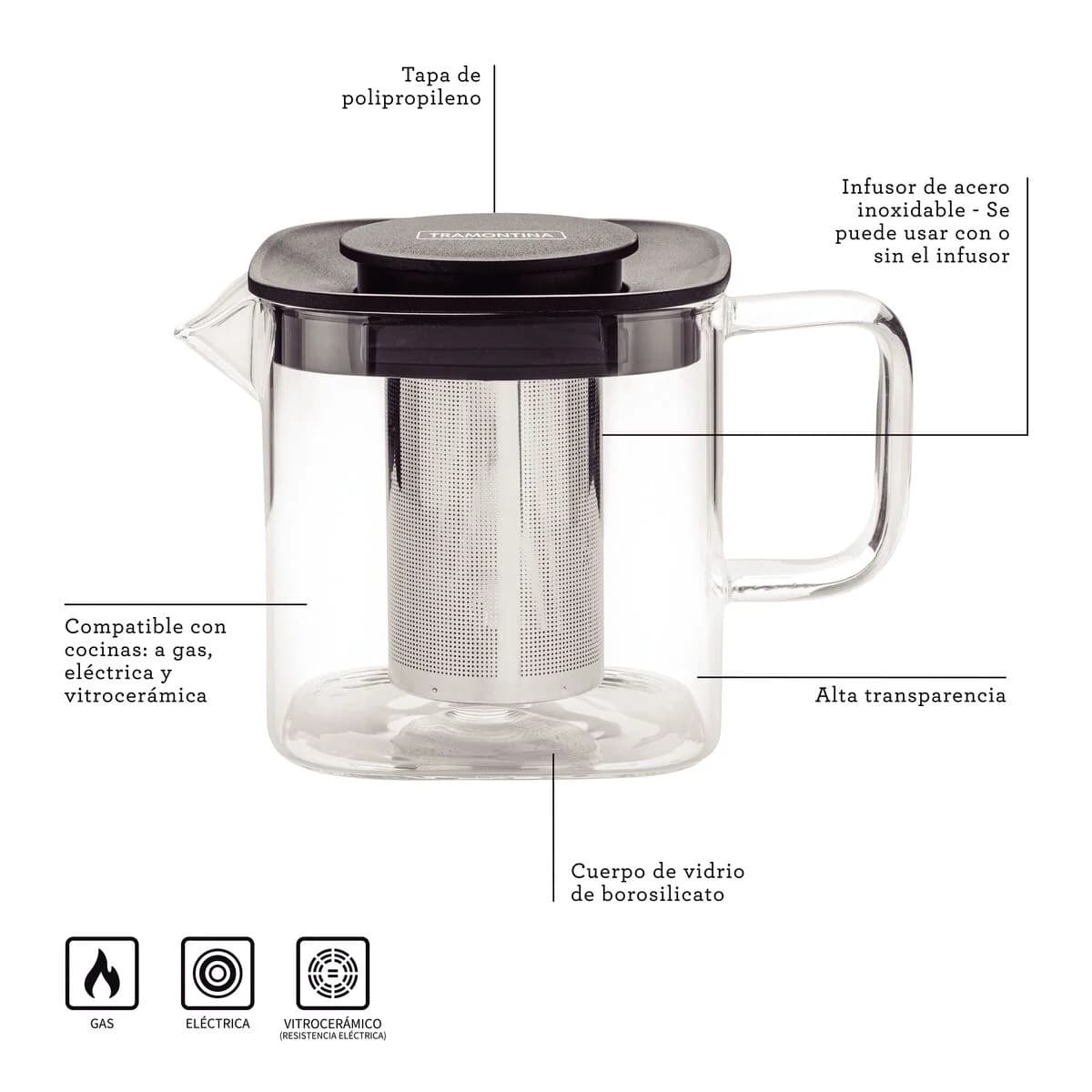 Tetera Vidrio Acero Inoxidable Infusor de 600 ml Tramontina — imagen 4 de 10