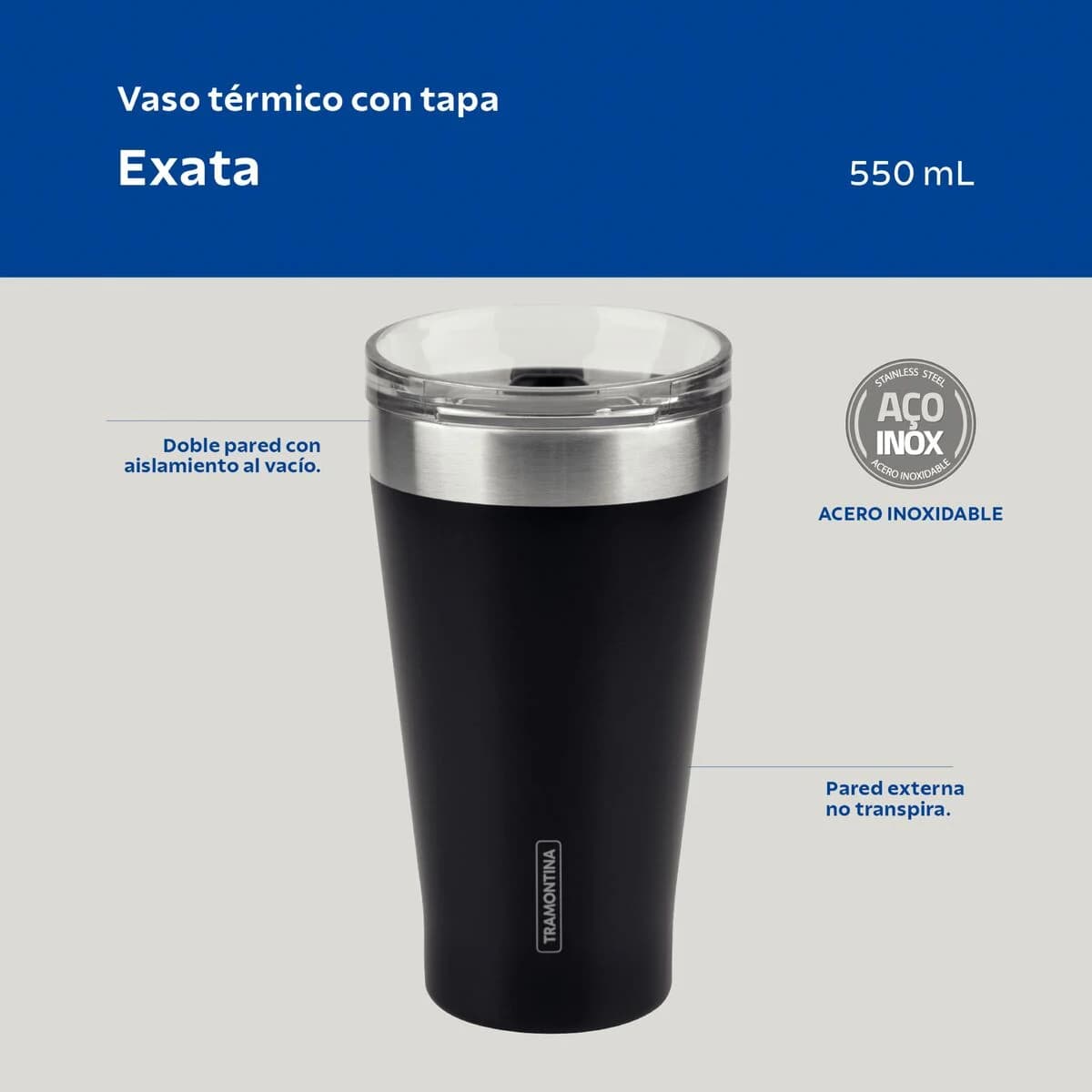 Vaso Termico Tramontina Exata Acero Inoxidable Negro 550 ml — imagen 3 de 6