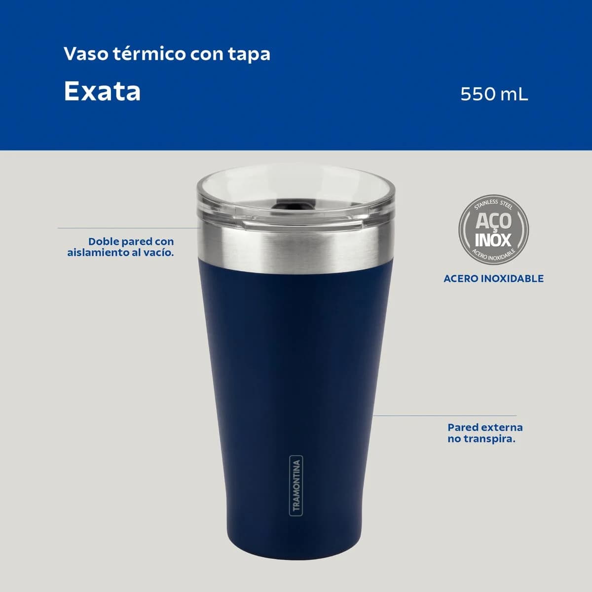 Vaso Termico Tramontina Exata Acero Inoxidable Azul 550 ml — imagen 3 de 8