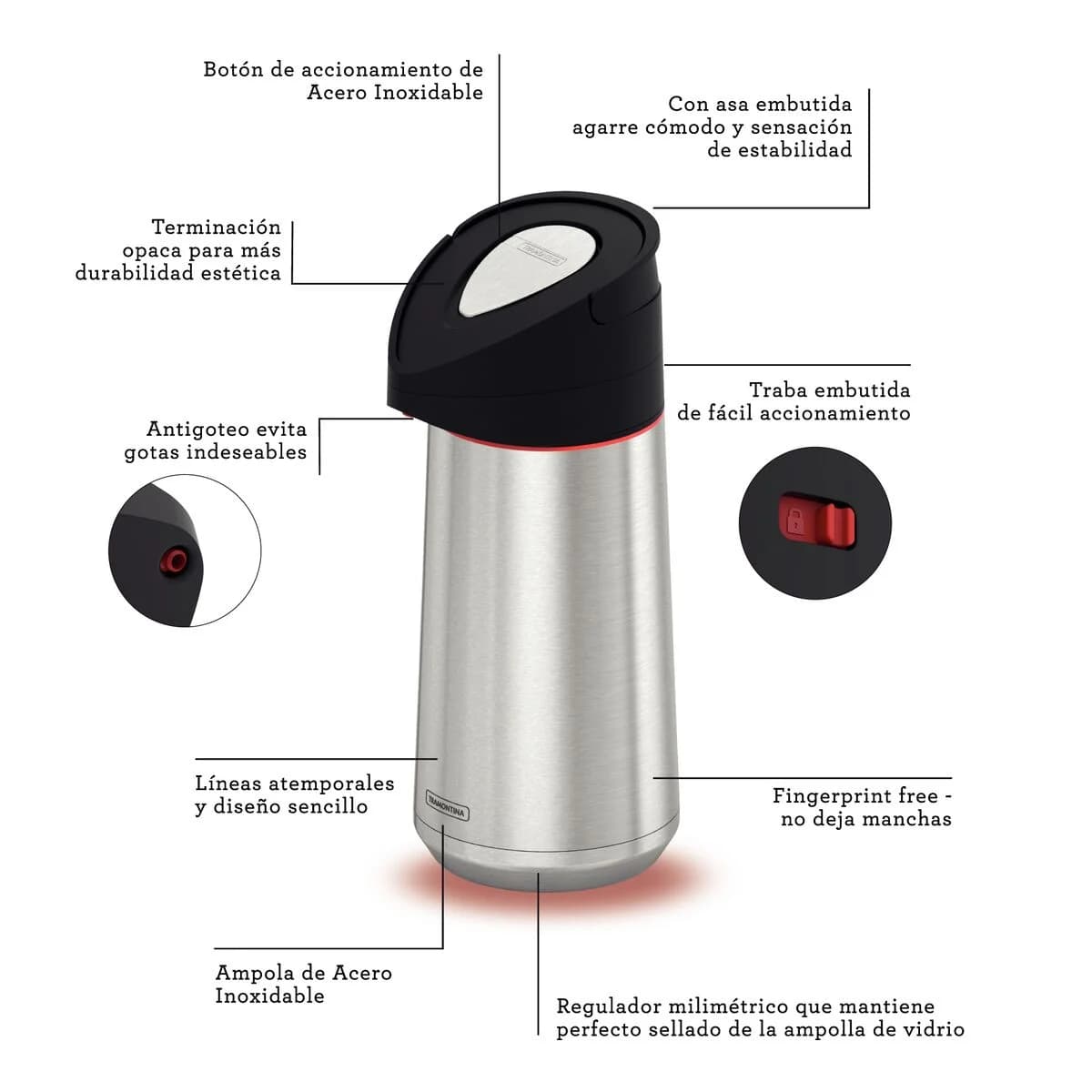 Termo con Sifon Tramontina Exata Acero Inoxidable 2 Litros — imagen 5 de 7