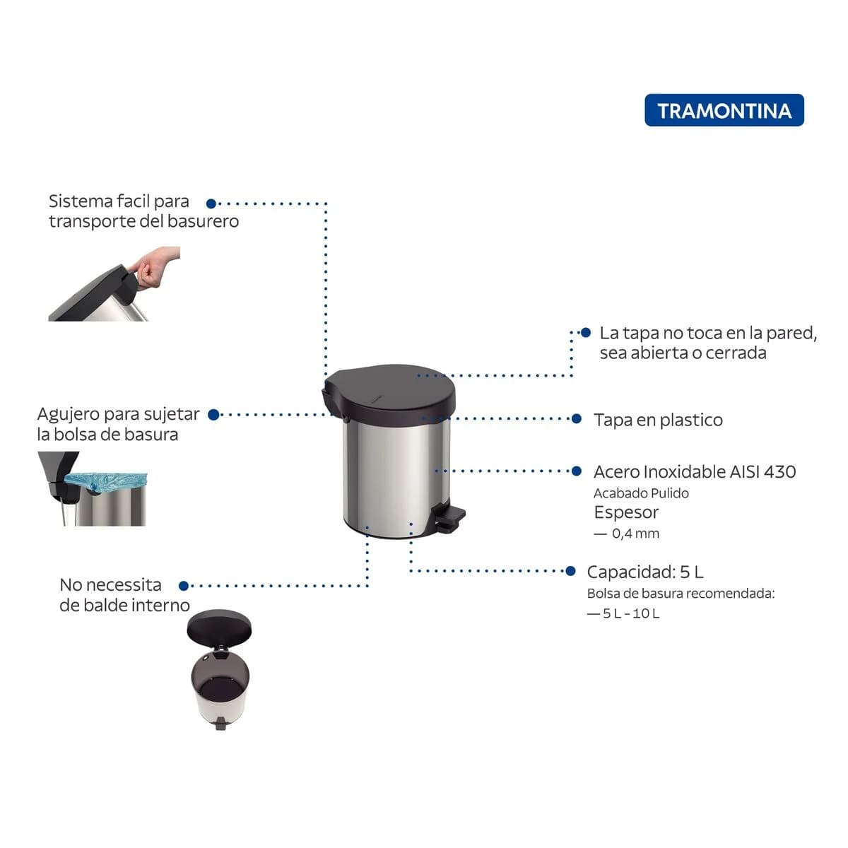 Basurero con Pedal New Tramontina Acero Inoxidable 5 Litros — imagen 4 de 7