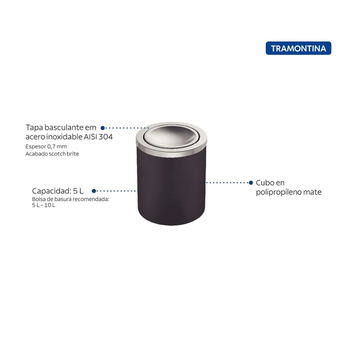Basurero Tramontina Con Tapa Acero Inoxidable 5 Litros — imagen 2 de 3