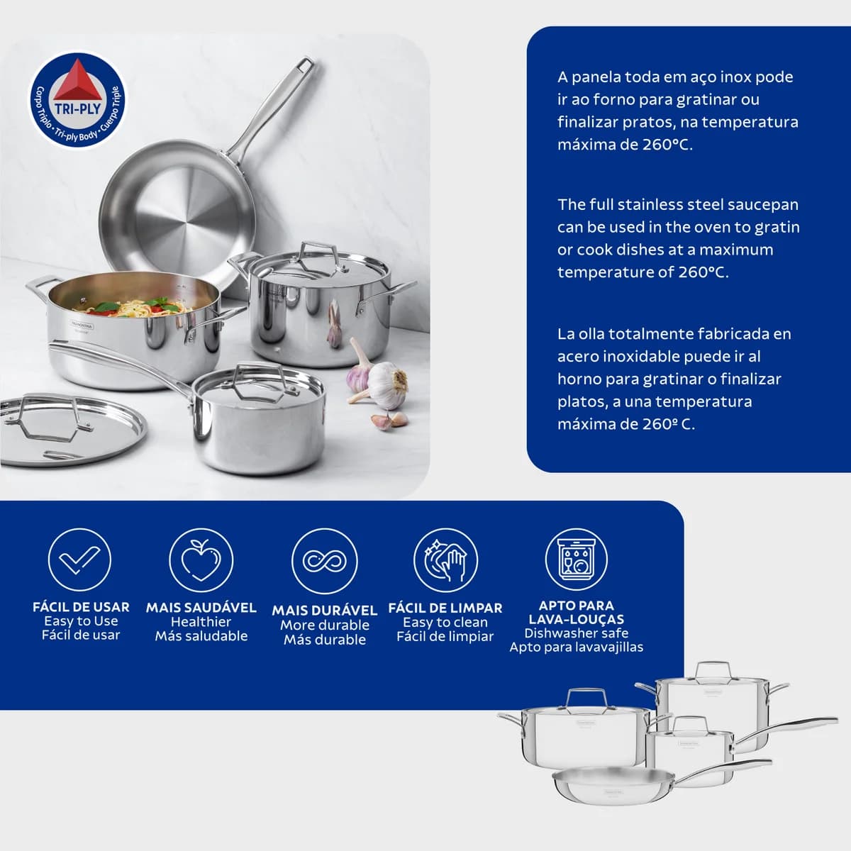 Bateria de Cocina Tramontina Ollas Induccion Grano 4 Piezas Acero Inoxidable — imagen 3 de 10