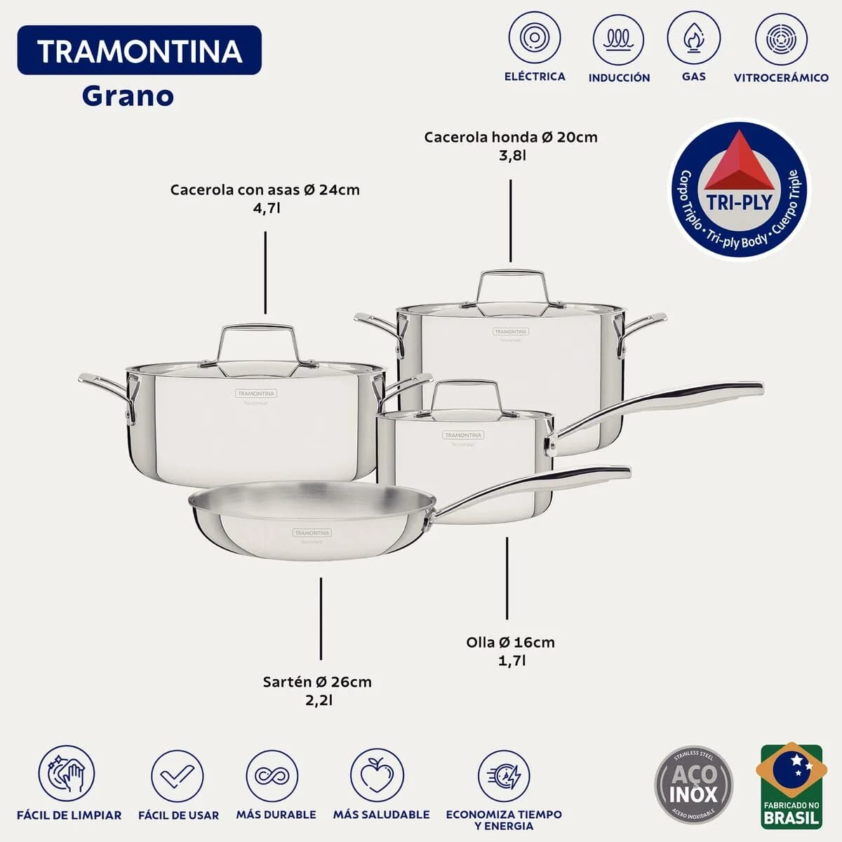 Bateria de Cocina Tramontina Ollas Induccion Grano 4 Piezas Acero Inoxidable — imagen 8 de 10