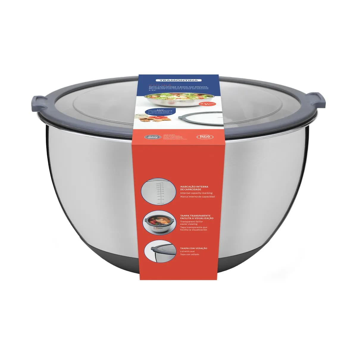 Bowl De Acero Inoxidable Con Tapa Tramontina 5000 Ml — imagen 2 de 5