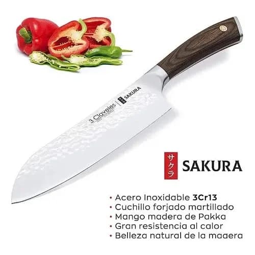 Cuchillo Santoku 3 Claveles Sakura 17,5 Cm Mango De Madera — imagen 2 de 5