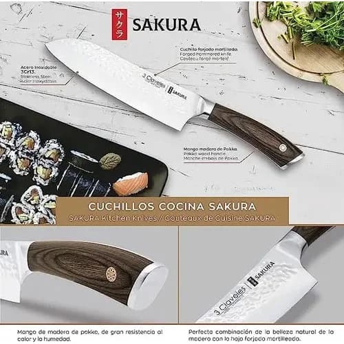 Cuchillo Santoku 3 Claveles Sakura 17,5 Cm Mango De Madera — imagen 3 de 5