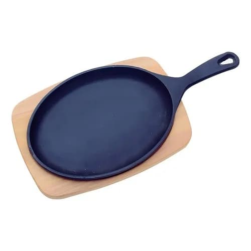 Plancha oval con mango de hierro fundido Tramontina Mix Grill con base de madera