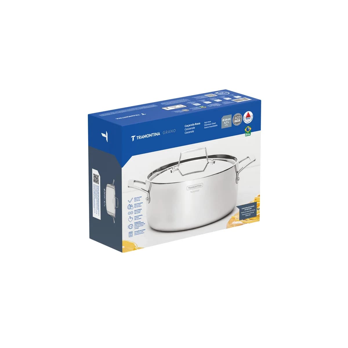 Cacerola Tramontina Grano Triple Fondo 24 cm 4,7 L Acero Inoxidable con Tapa y Asas — Apta Inducción — imagen 2 de 8