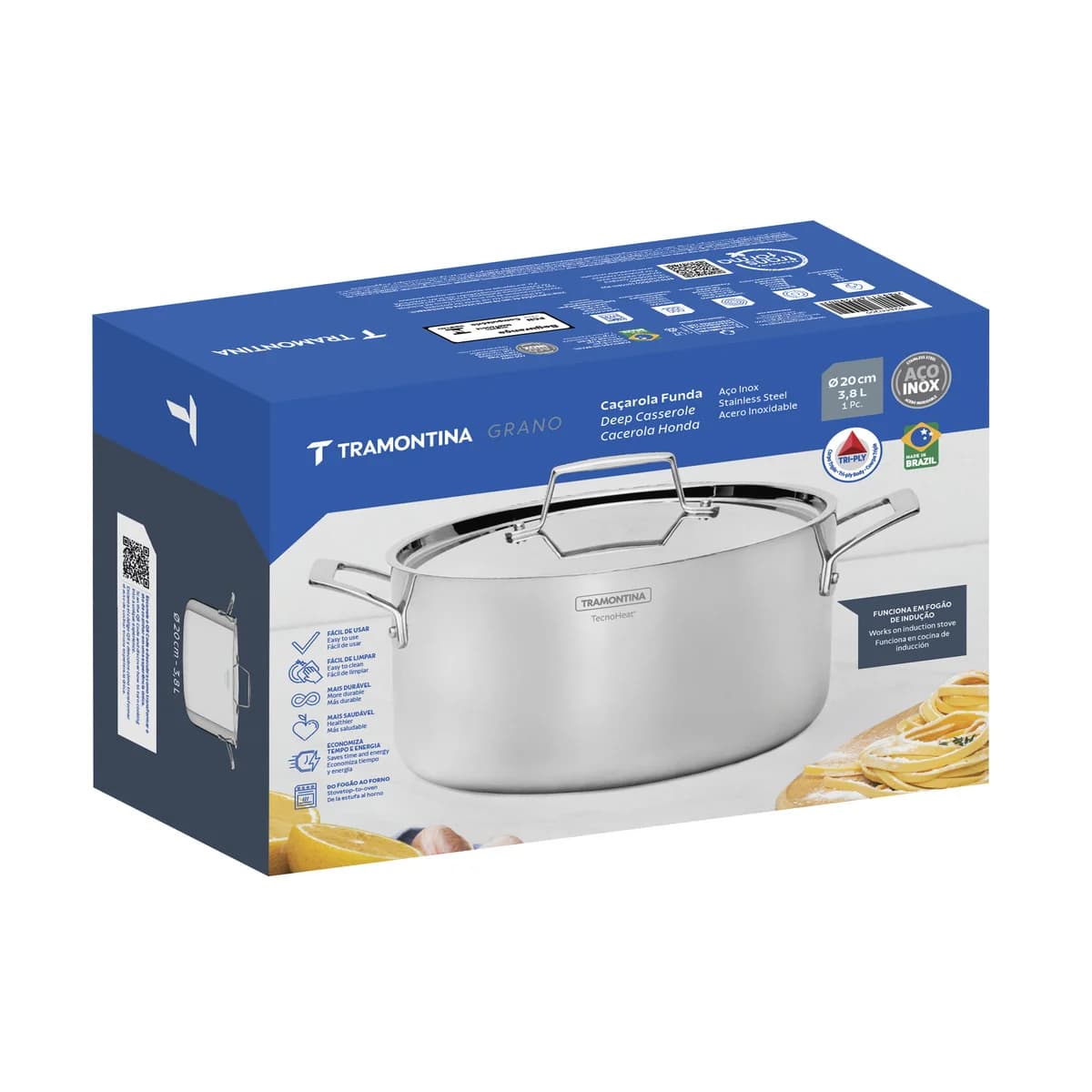 Cacerola Tramontina Grano Honda Triple Fondo 20 cm 3,8 L Acero Inoxidable con Tapa y Asas — Apta Inducción — imagen 2 de 8