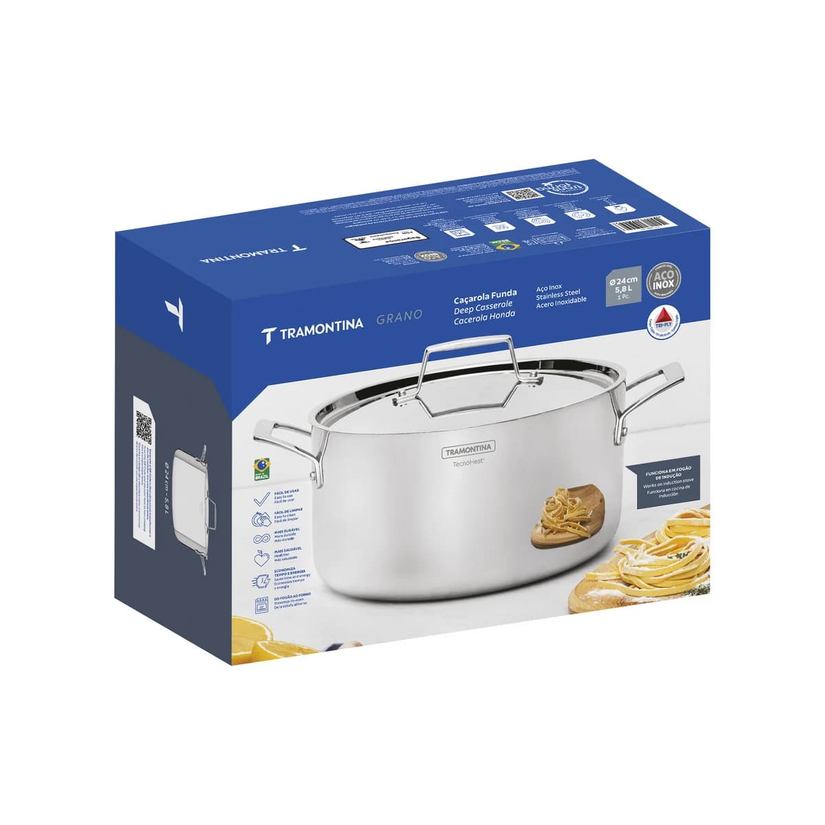 Cacerola Honda Tramontina Grano Triple Fondo 24 cm 5,8 L Acero Inoxidable con Tapa — Apta Inducción — imagen 2 de 8