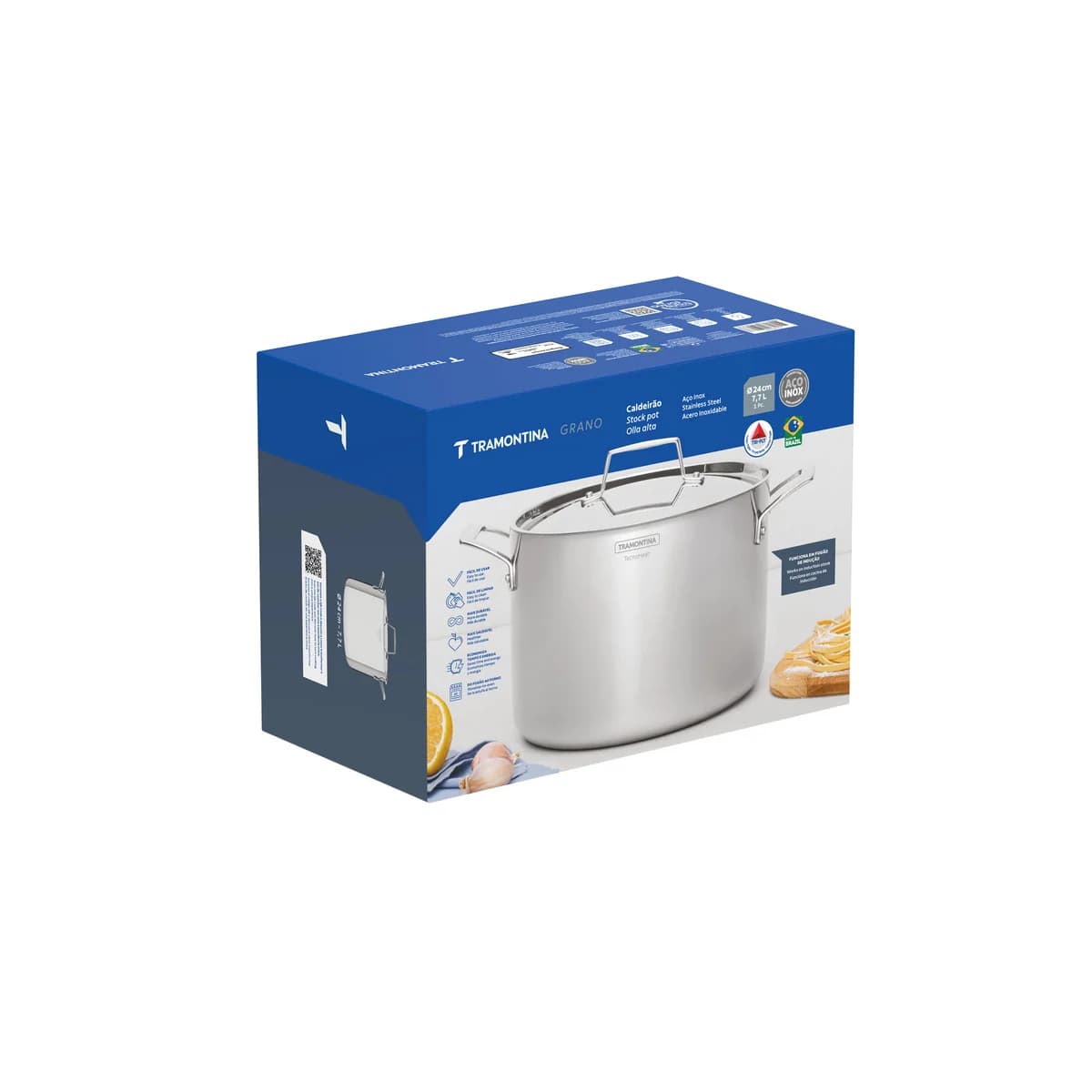 Olla Alta Tramontina Grano Cuerpo Triple 24 cm 7,7 L Acero Inoxidable con Tapa y Asas — Apta Inducción — imagen 2 de 4