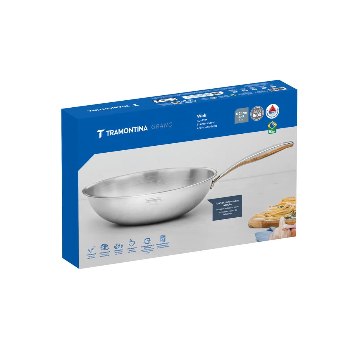 Wok Tramontina Grano Cuerpo Triple 28 cm 3,4 L Acero Inoxidable 18/10 — Apto Inducción — imagen 2 de 8