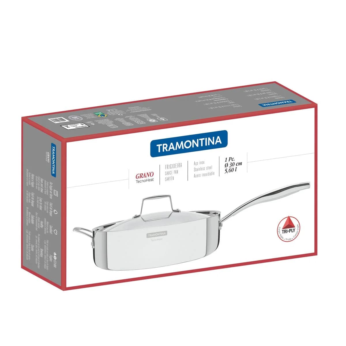 Sartén Honda Tramontina Grano con Tapa 30 cm 5,6 L — Triple Fondo Acero Inoxidable, Apta Inducción — imagen 2 de 8