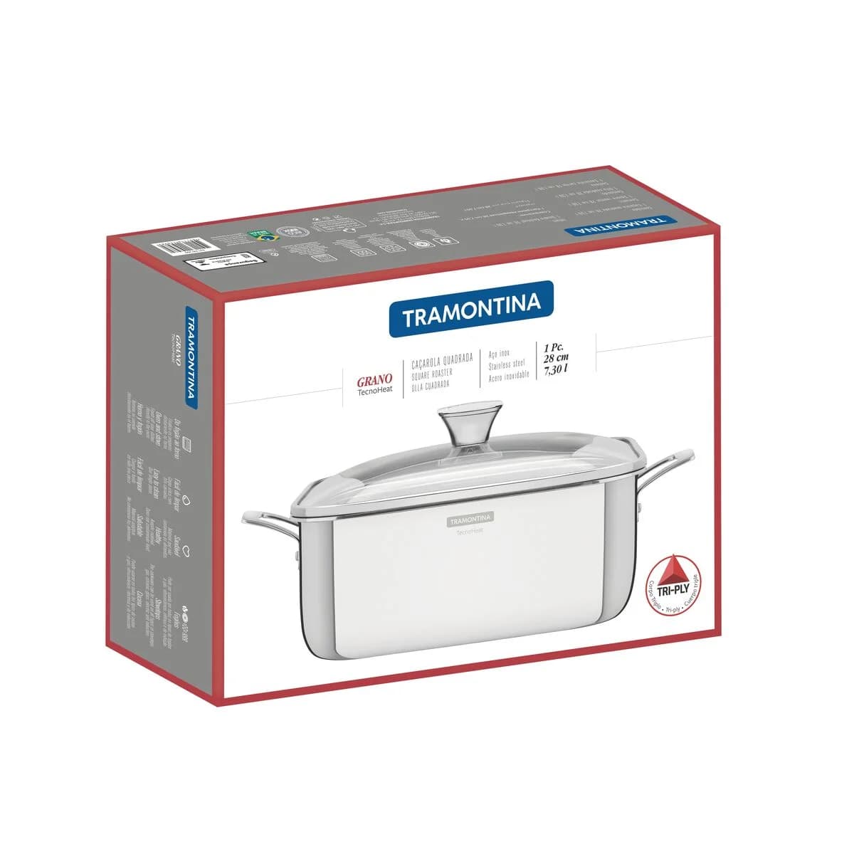 Olla Tramontina Grano Cuadrada Triple Fondo 26 cm 7,3 L de Acero Inoxidable con Tapa de Vidrio — Apta para Inducción — imagen 2 de 8