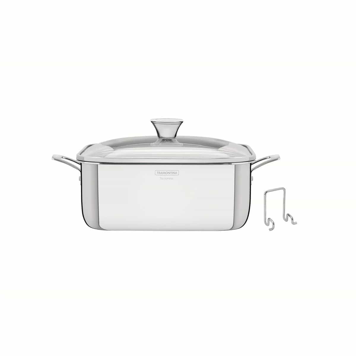 Olla Tramontina Grano Cuadrada Triple Fondo 26 cm 7,3 L de Acero Inoxidable con Tapa de Vidrio — Apta para Inducción