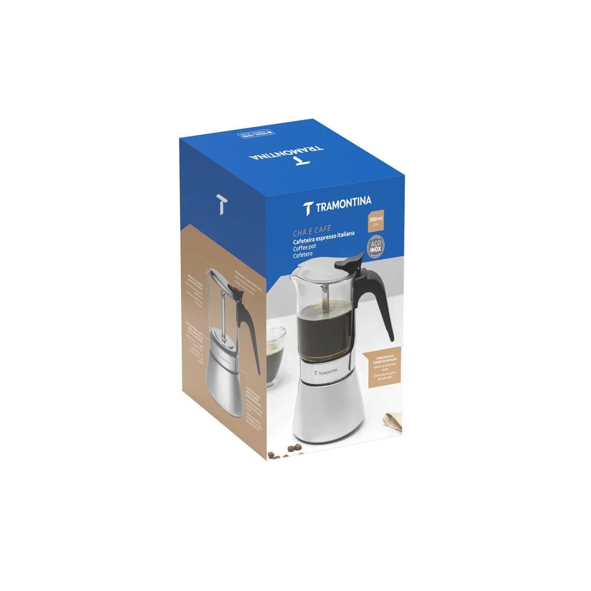 Cafetera italiana Tramontina Chá e Café de acero inoxidable y vidrio 300 ml para inducción — imagen 2 de 5